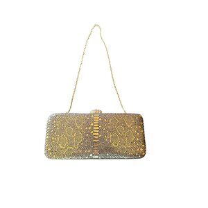 Katie Landry Snake Print Metallic Chain Clutch Purse With Rhinestone Clasp